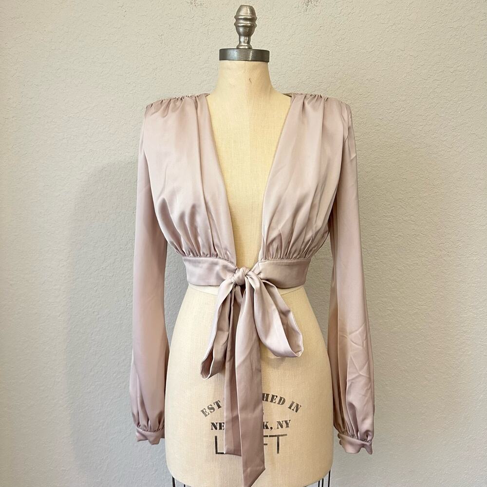 NBD Imogen Tie Front Blouse Champagne Cropped Puff Sleeve Trendy NWT